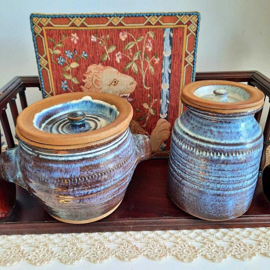 Two Rustic Studio Pottery Lidded Jars Blue Purple Brown Glaze, Rustic Kitchen Storage photo furniture