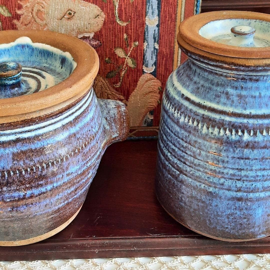 Two Rustic Studio Pottery Lidded Jars Blue Purple Brown Glaze, Rustic Kitchen Storage photo Home Decor