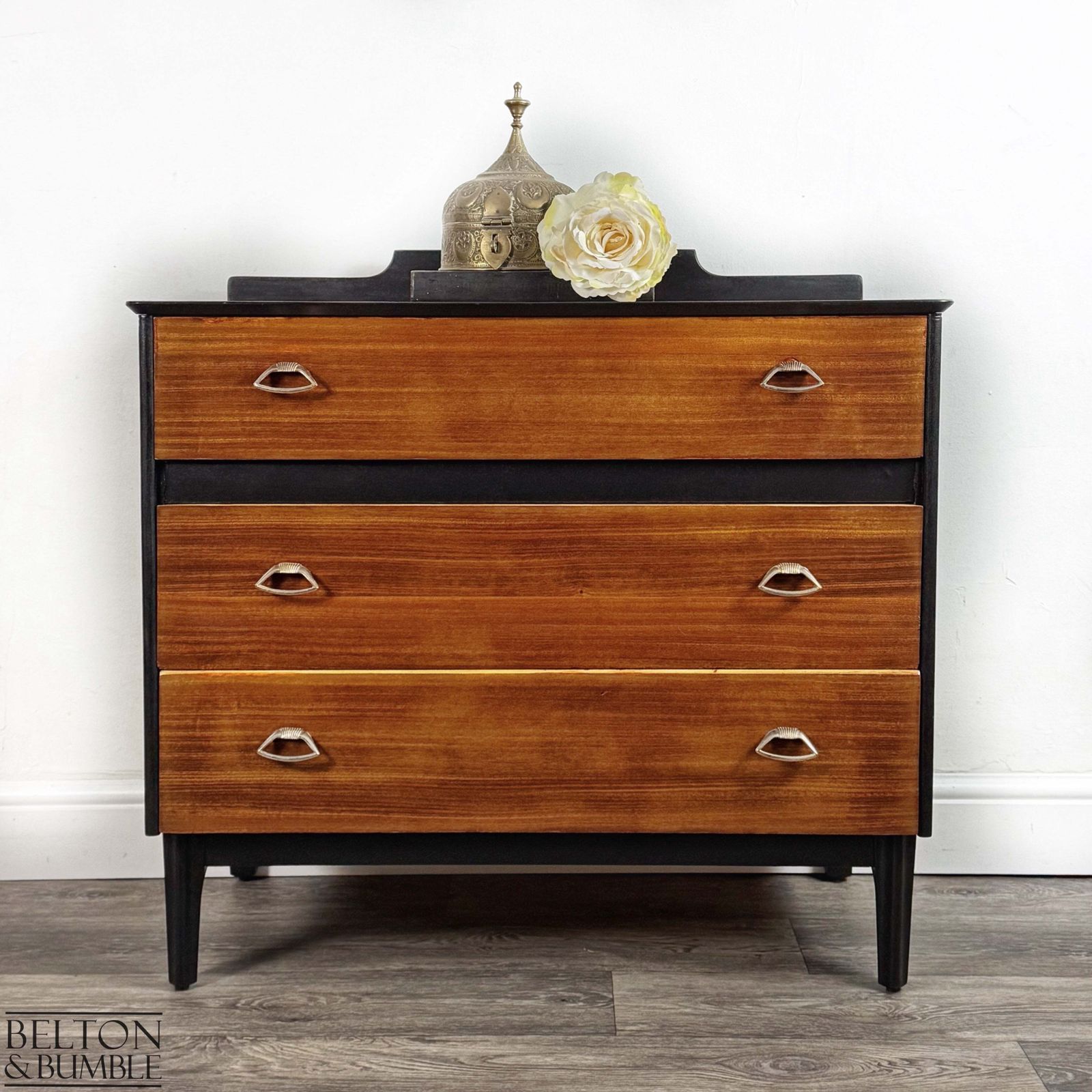 Mid Century 3 Drawer Chest In Black And Teak