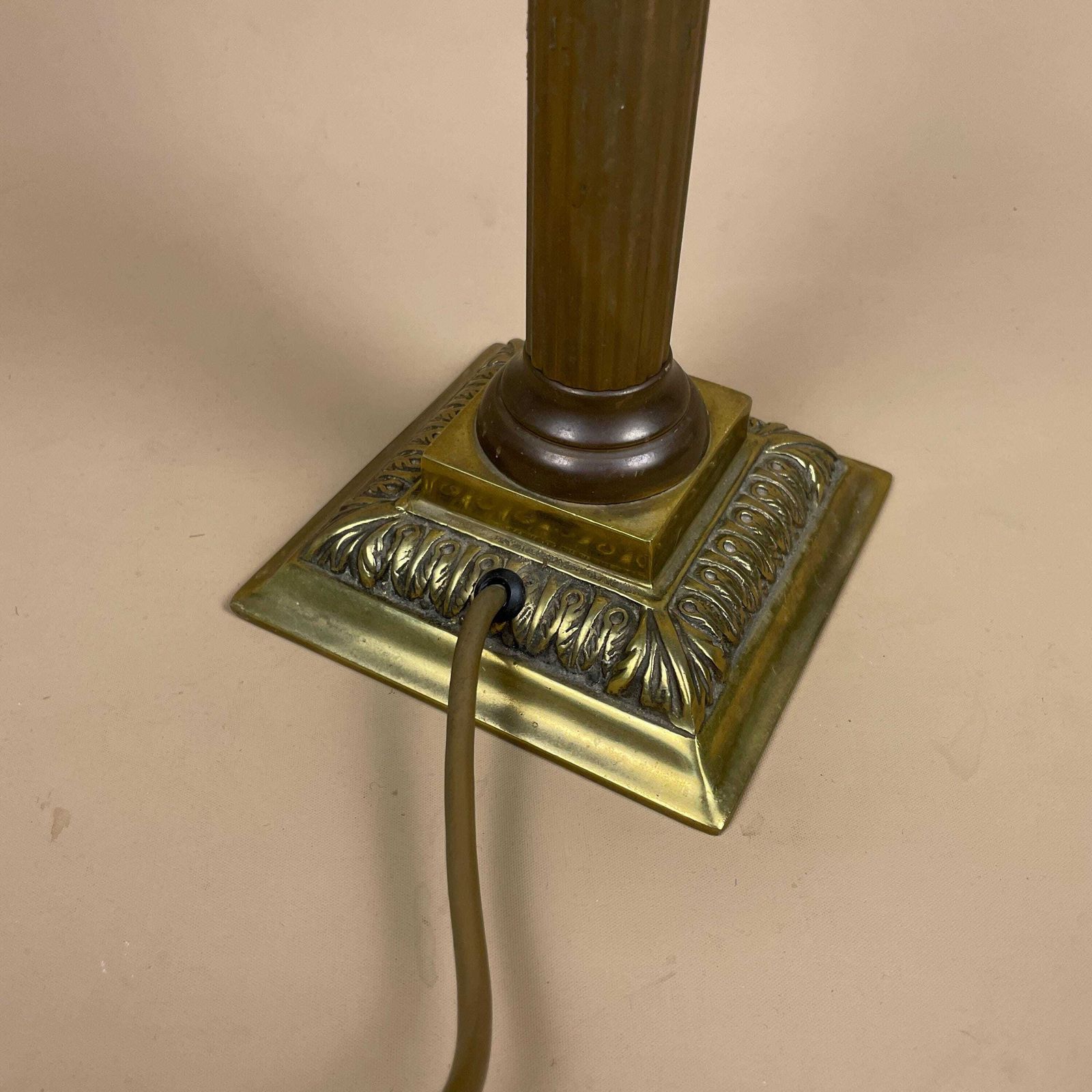 Antique Vintage Metal Gold Brass Lamp Light Bedside Side Table Desk Column Pillar Ornate Lamps Square Base Cottage Classic Old Patterned photo vinterior