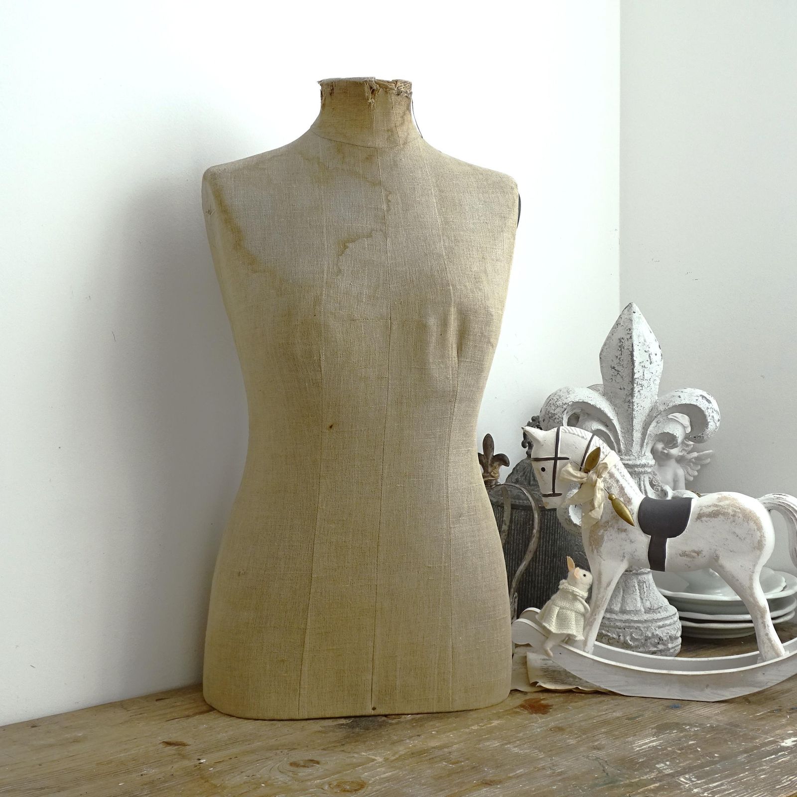 photo for sale Antique French Mannequin: Tailor Dummy Female Dress Form, Oak Stand