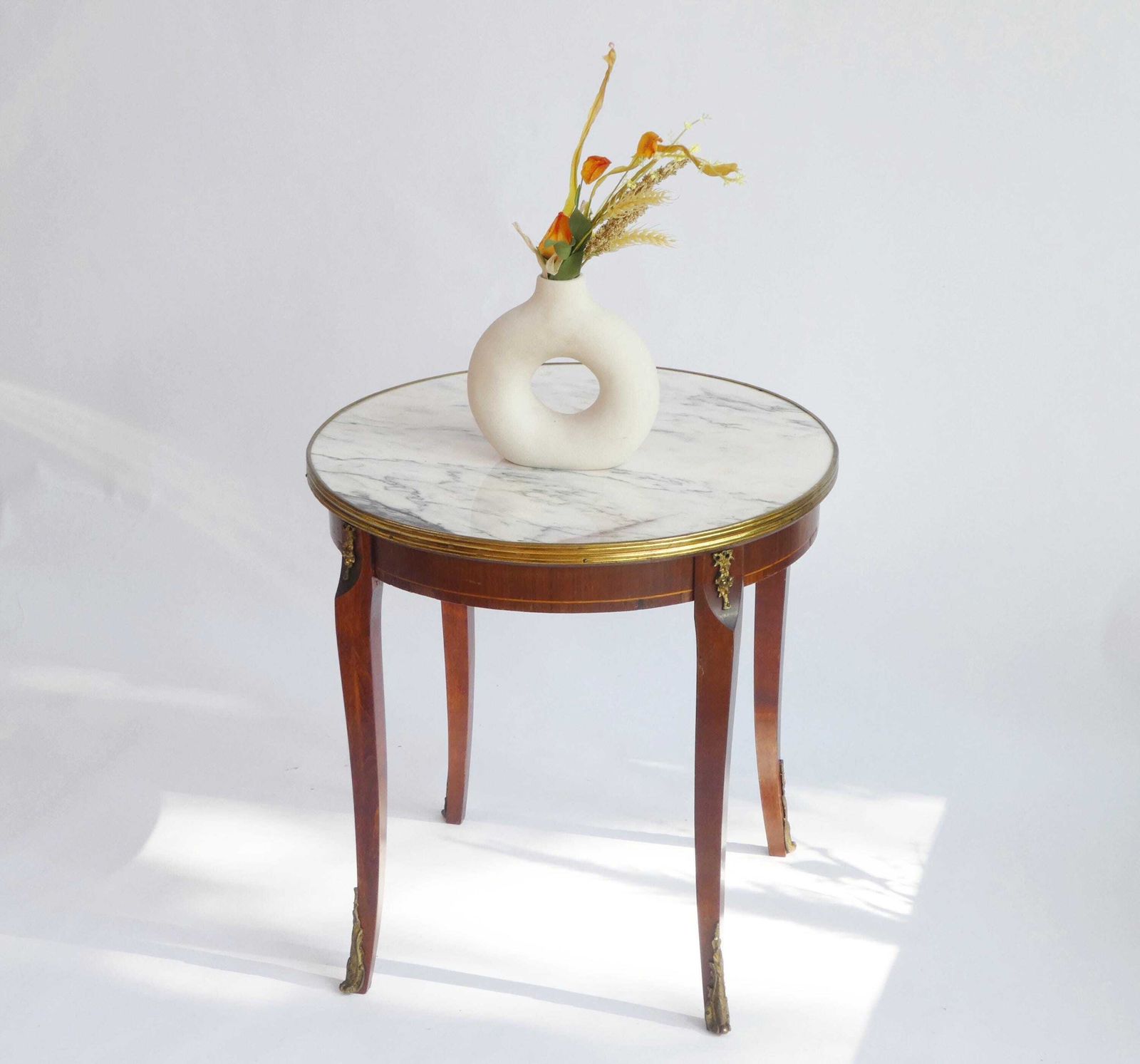 Antique French Round Coffee Table, Louis XV Style Side Table With Mable Top And Brass Details photo furniture