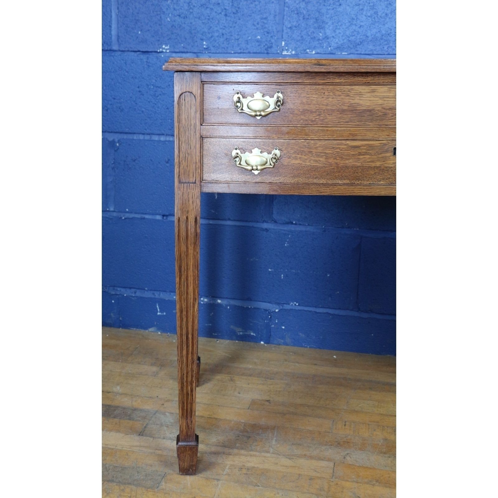 A Quality Oak Bow Fronted Two Drawer Side Table Raised On Tapering Spade Feet photo vintage