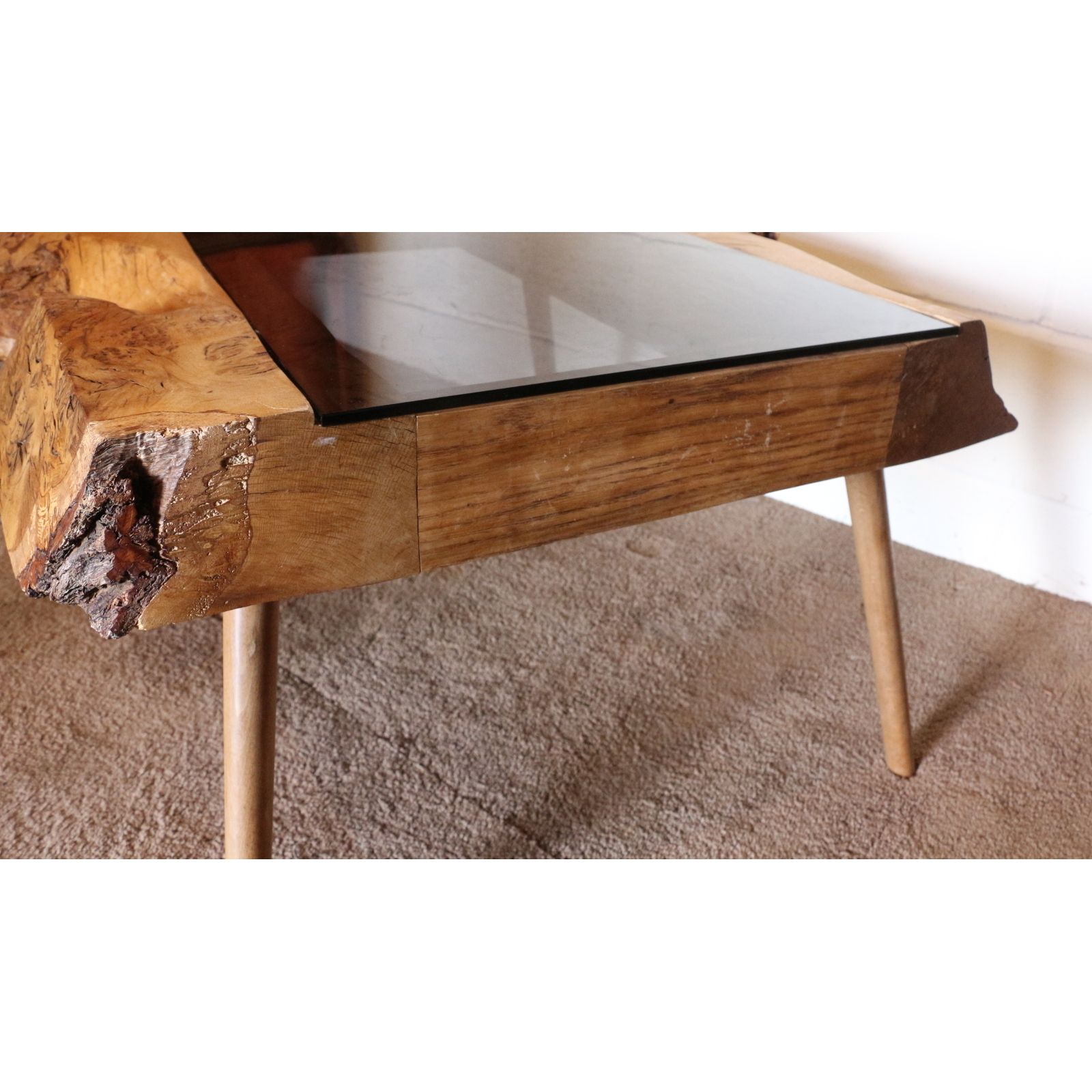 A Bur Wood & Smoked Glass Coffee Table Raised On Angled Tapering Supports photo vinterior