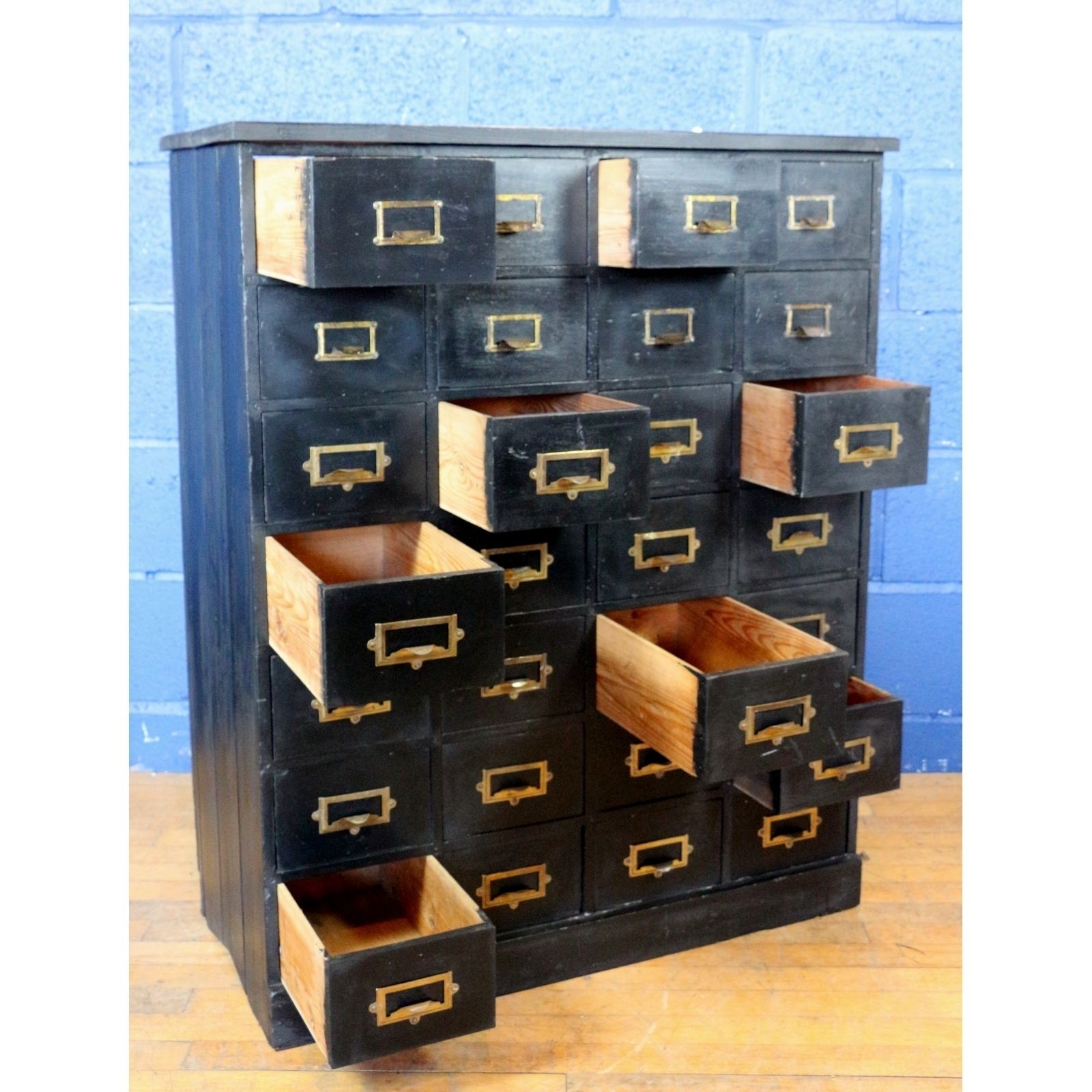 An Ebonised 28 Drawer Haberdashery Industrial Bank Of Drawers photo for sale