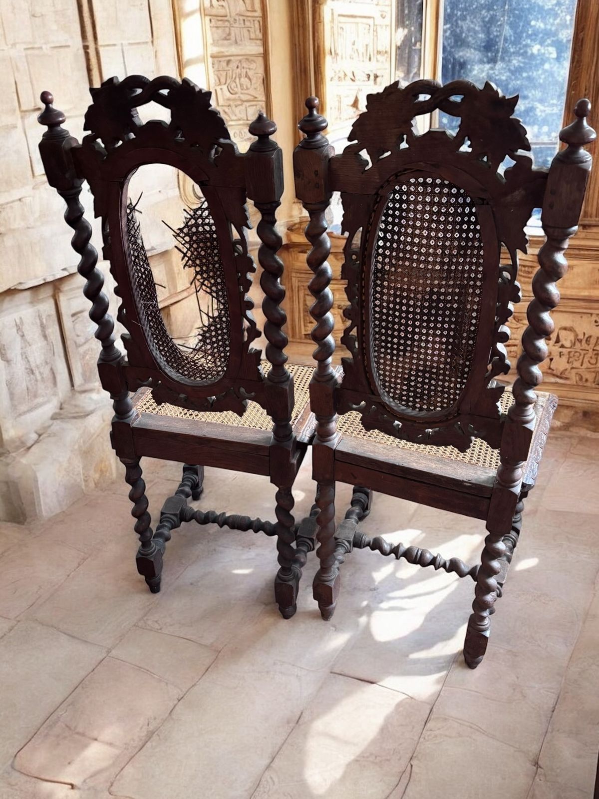 4 Late Victorian Heavily Carved Barley Twist Chairs photo Furniture