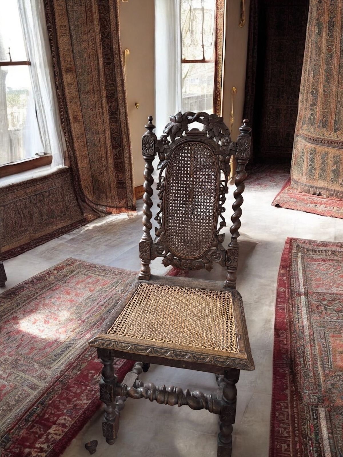 4 Late Victorian Heavily Carved Barley Twist Chairs photo vinterior
