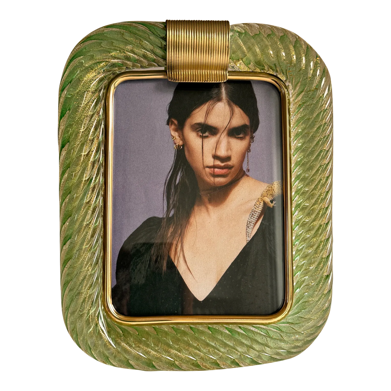 Mid Century Modern Style Green "Torchon" Murano Small Glass Picture Frame And Brass In Barovier Style