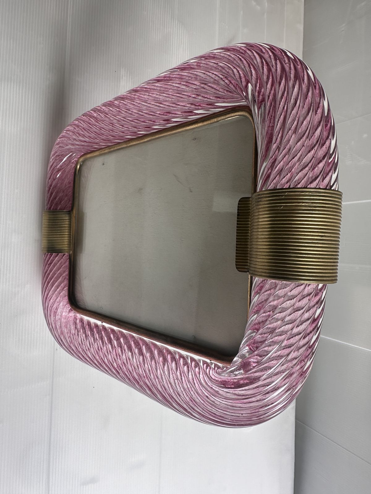 Mid Century Modern Style Pink "Torchon" Murano Glass Picture Frame And Brass In Barovier Style photo for sale