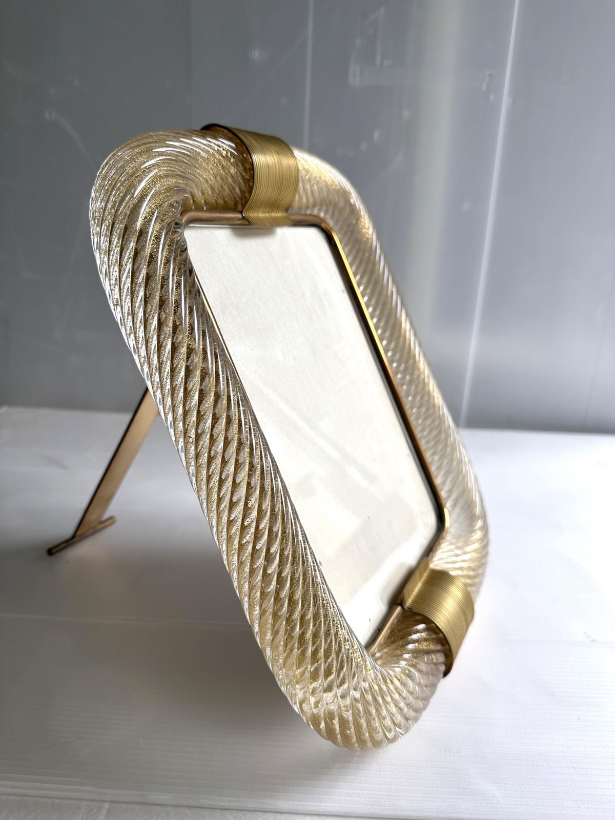 Mid Century Modern Style Gold "Torchon" Murano Glass Picture Frame And Brass In Barovier Style photo for sale