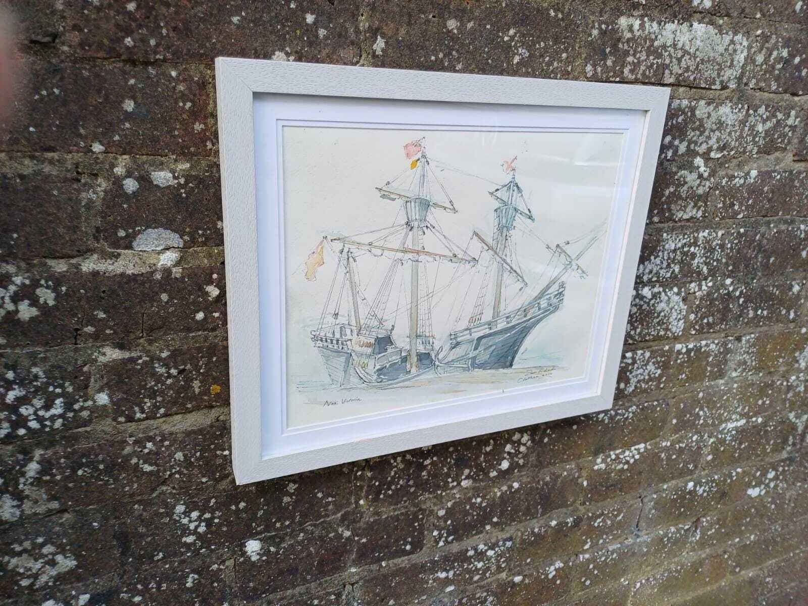 photo furniture Original Nautical Ship Watercolour, “Nao Victoria” Chatham, Signed Maritime Painting By Z Richards, Historic Sailing Vessel In White Frame