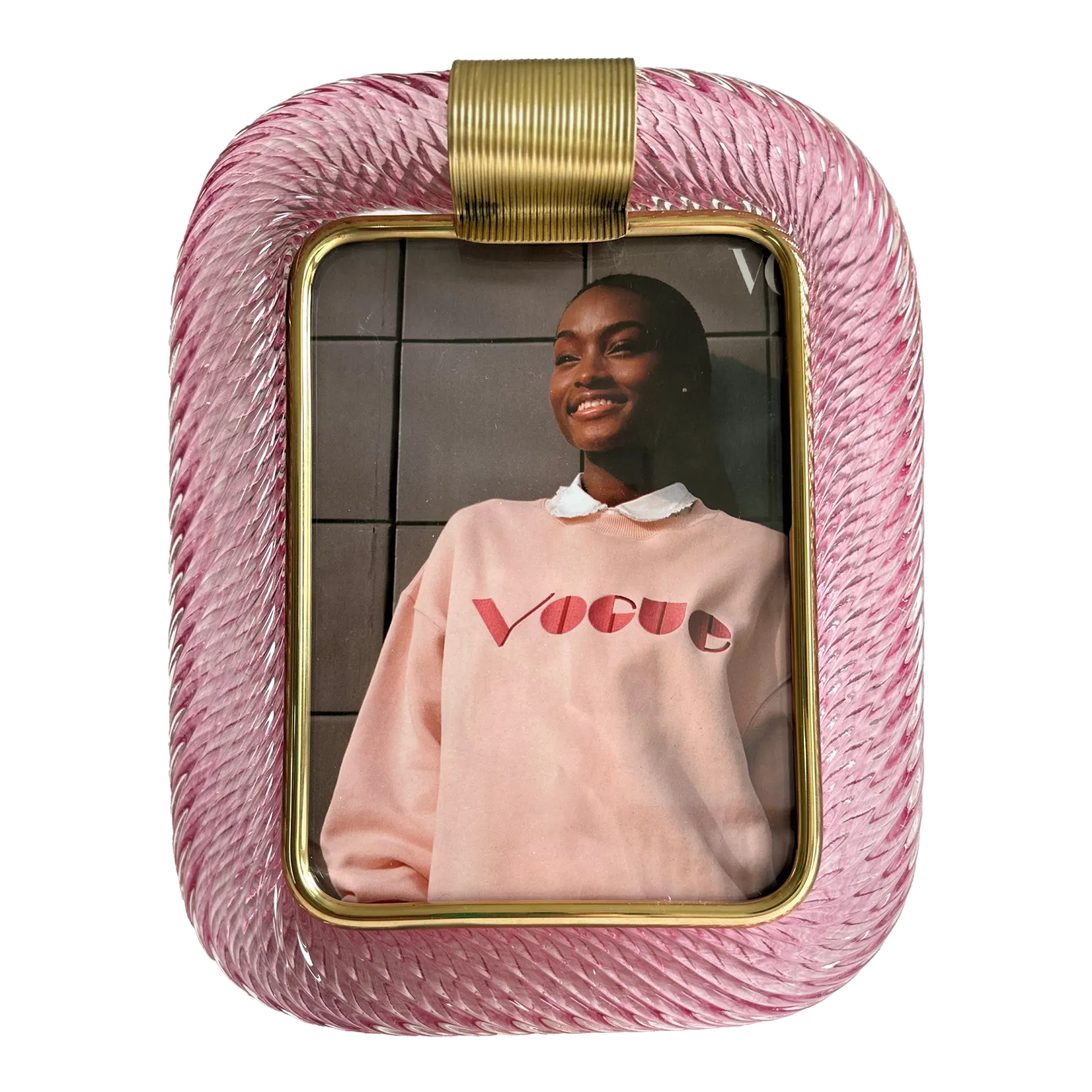 Mid Century Modern Style Pink "Torchon" Murano Glass Small Picture Frame And Brass In Barovier Style