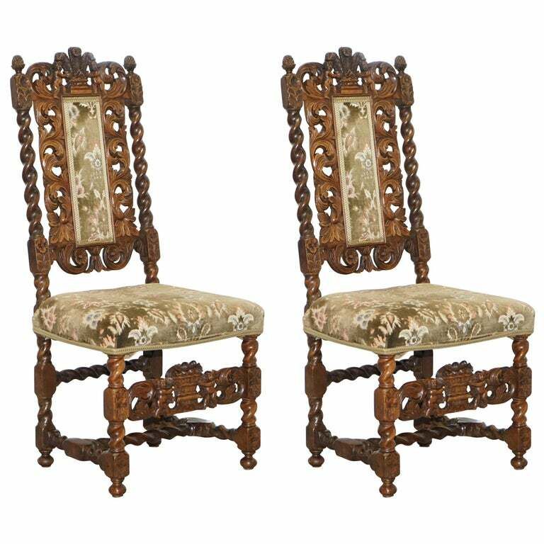 Very Rare Pair Of 18th Century Fruitwood Heavily Carved Chair Cherubs Crown