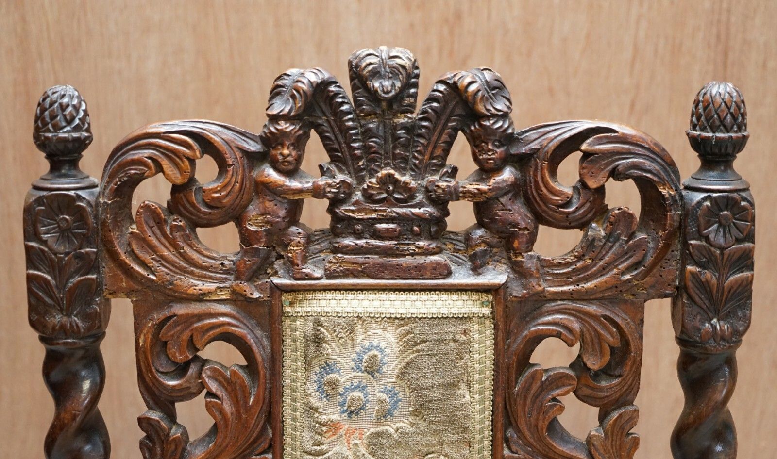 800.0 Very Rare Pair Of 18th Century Fruitwood Heavily Carved Chair Cherubs Crown photo