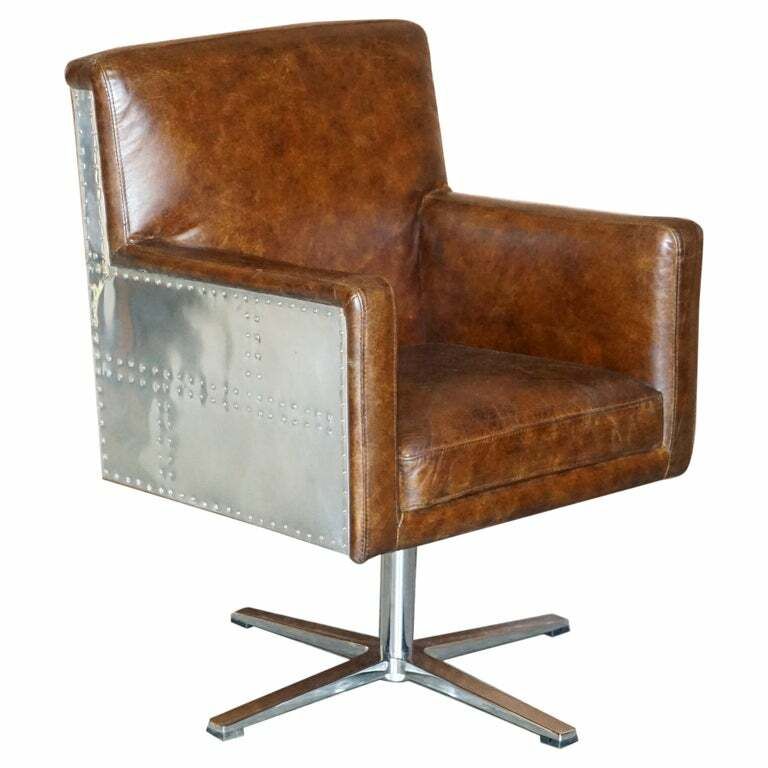 1 Of 2 Hand Dyed Brown Leather Aviator Hammered Metal Swivel Captains Armchairs