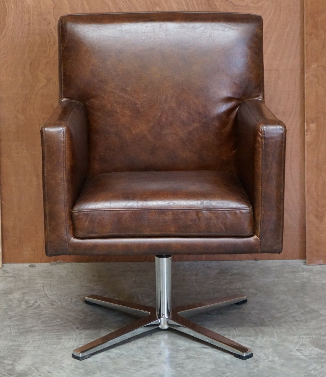 1 Of 2 Hand Dyed Brown Leather Aviator Hammered Metal Swivel Captains Armchairs photo furniture