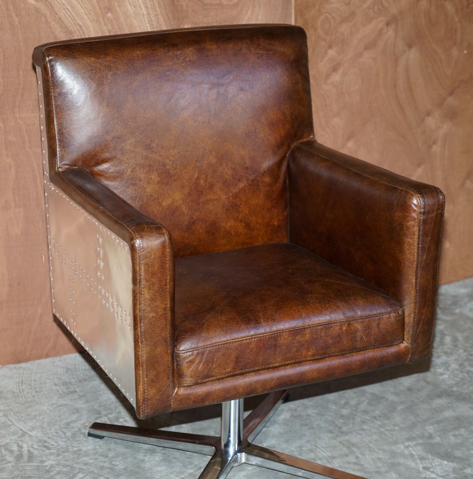 1 Of 2 Hand Dyed Brown Leather Aviator Hammered Metal Swivel Captains Armchairs photo for sale