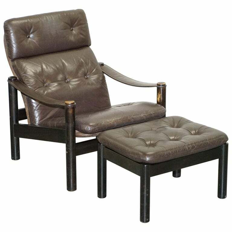 Lovely Danish Brown Leather Mid Century Modern Armchair & Chesterfield Footstool