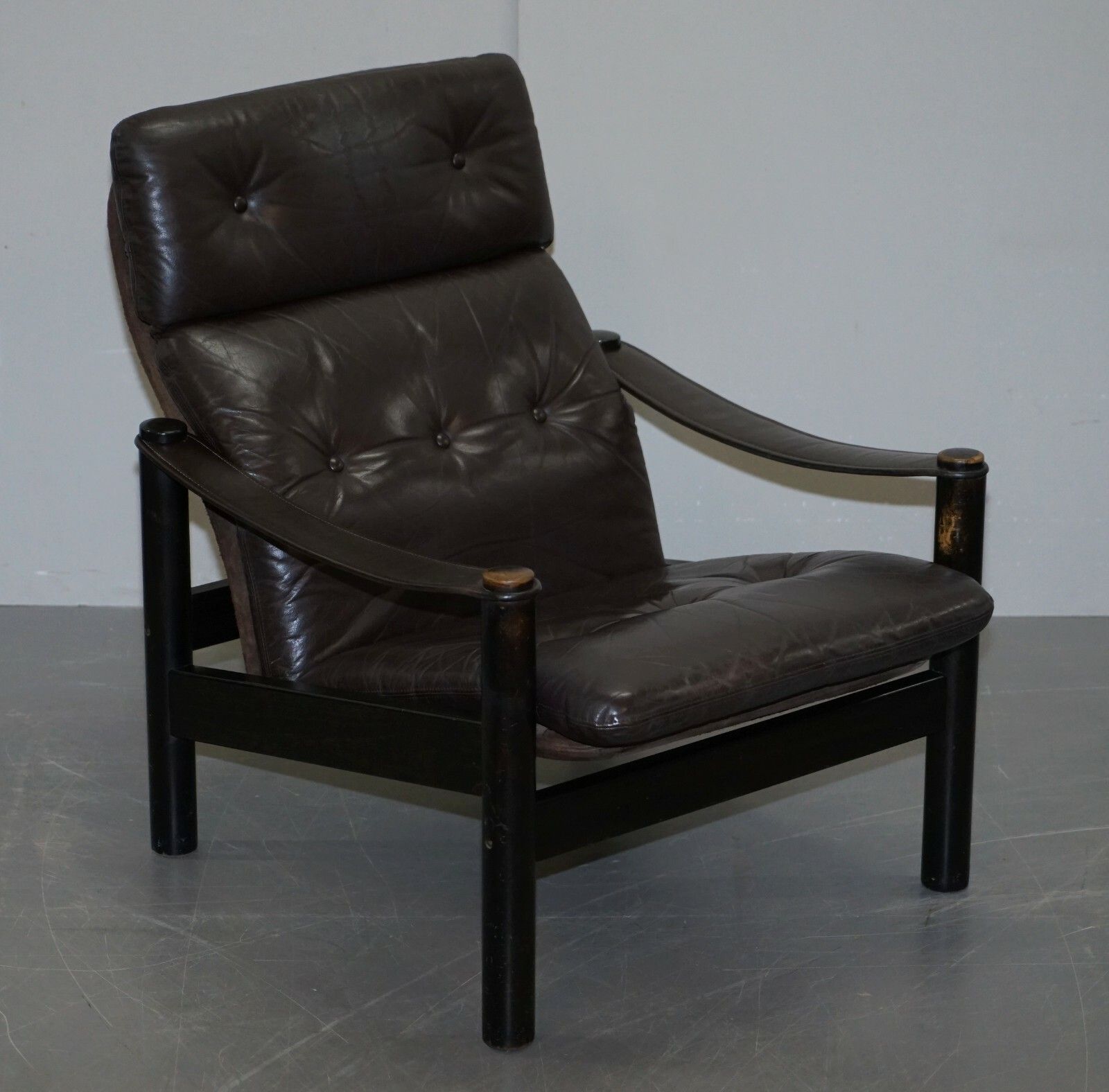 Lovely Danish Brown Leather Mid Century Modern Armchair & Chesterfield Footstool photo furniture