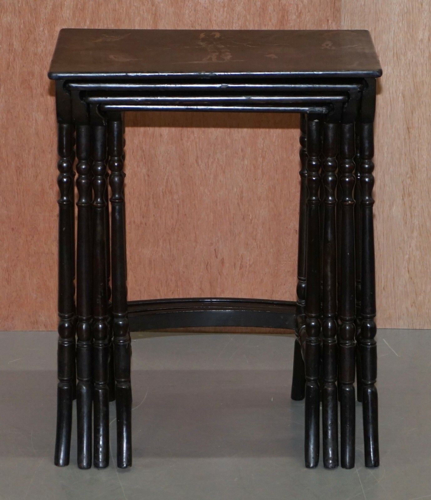 Nest Of Four Circa 1900 Chinese Chinoiserie Lacqurered Tables Hand Painted photo for sale