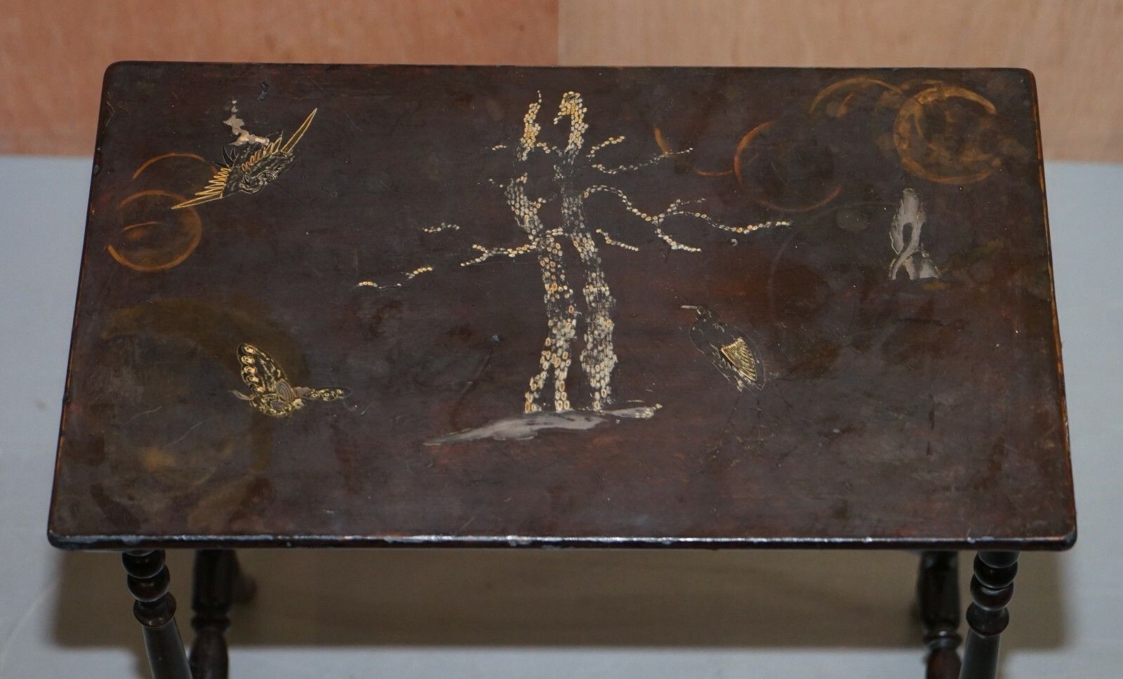 Nest Of Four Circa 1900 Chinese Chinoiserie Lacqurered Tables Hand Painted photo 750.0
