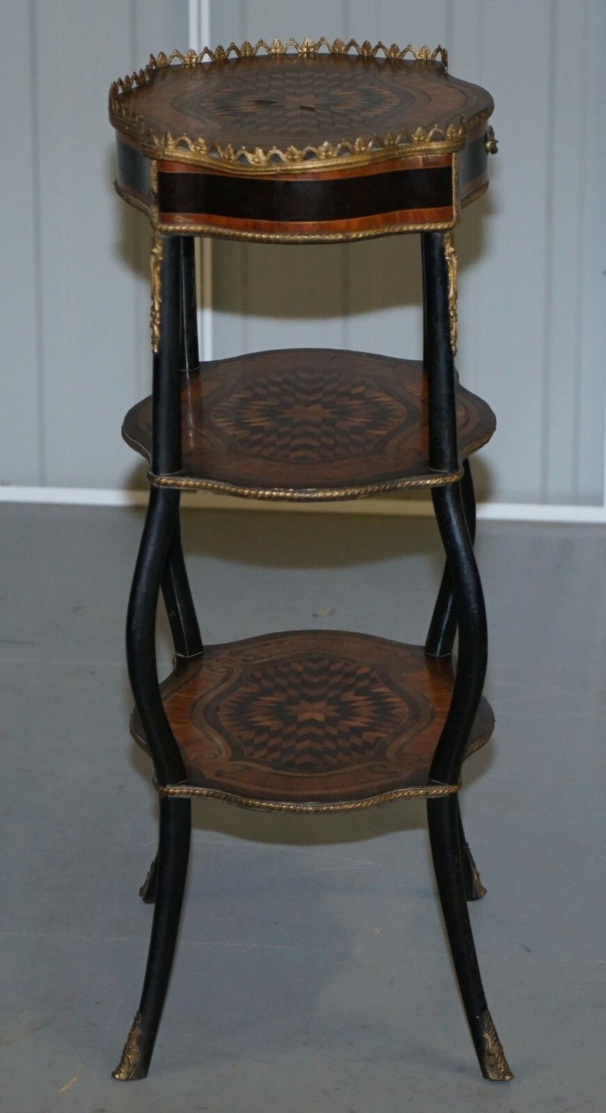 Furniture Napoleon III Brass Gallery Fruitwood Ebonised & Inlaid Three Tired Side Table photo
