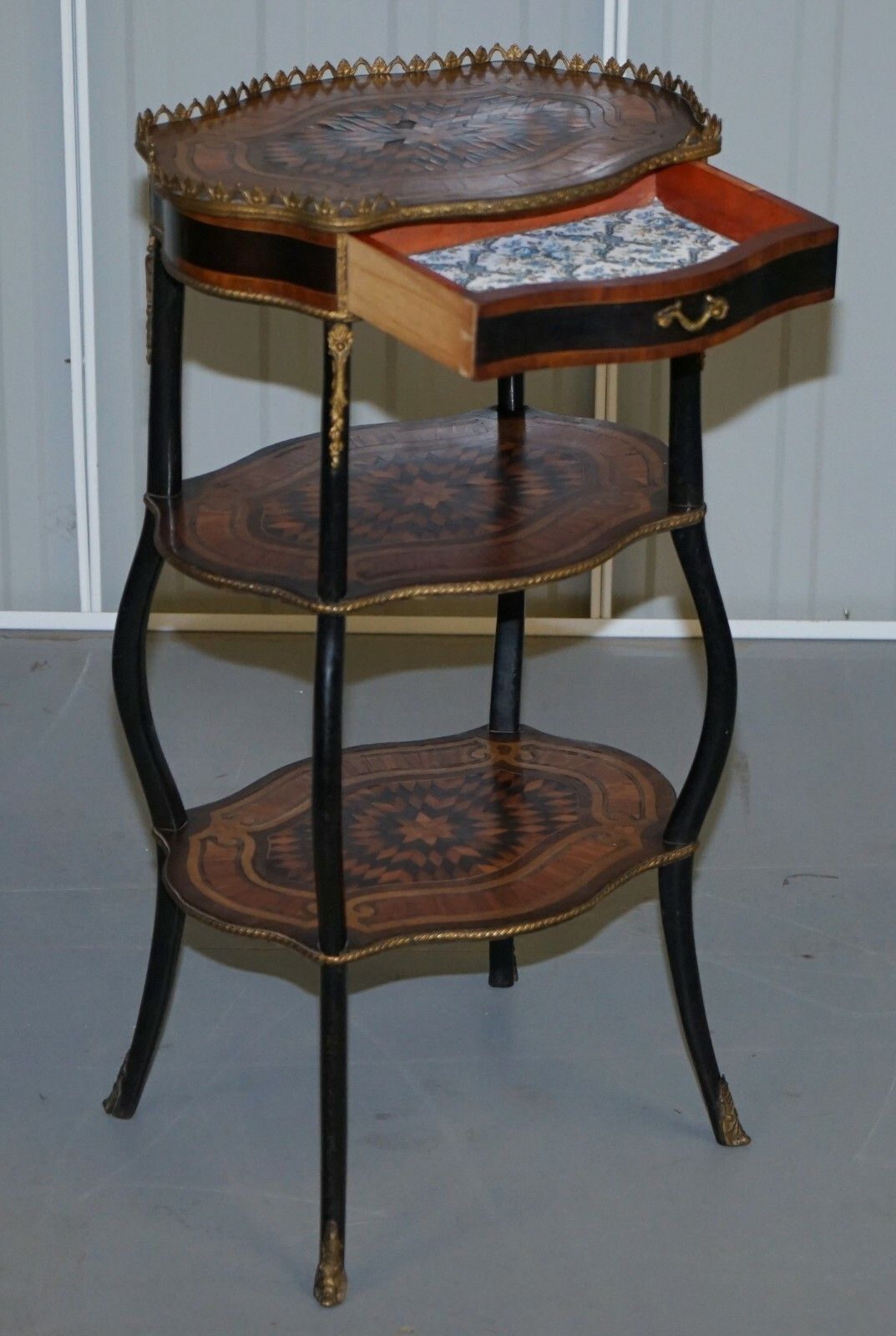 750.0 Napoleon III Brass Gallery Fruitwood Ebonised & Inlaid Three Tired Side Table photo