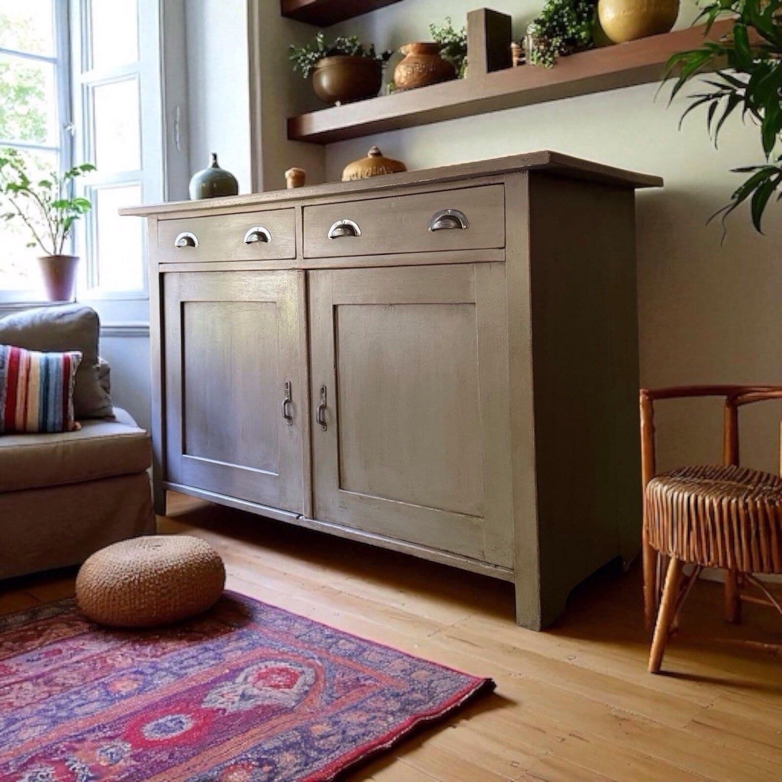 Antique European Style Grey Painted Pine Glazed Dresser Display Cabinet Cupboard photo furniture