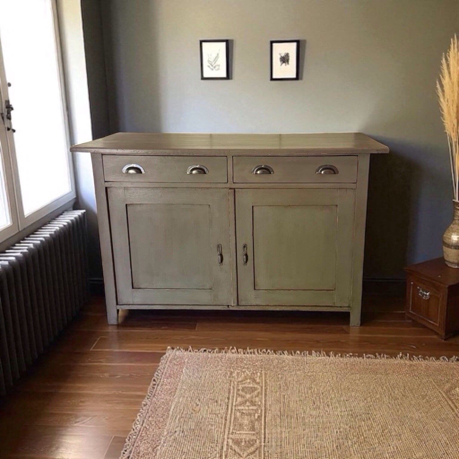 Antique European Style Grey Painted Pine Glazed Dresser Display Cabinet Cupboard photo vintage