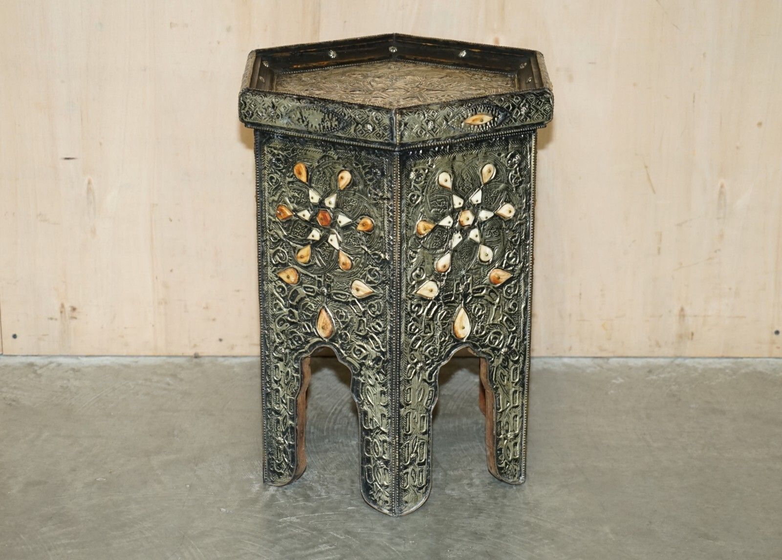 Antique Indian Repousse Pewter With Stone Inlaid Detailing Side Lamp Wine Table photo furniture