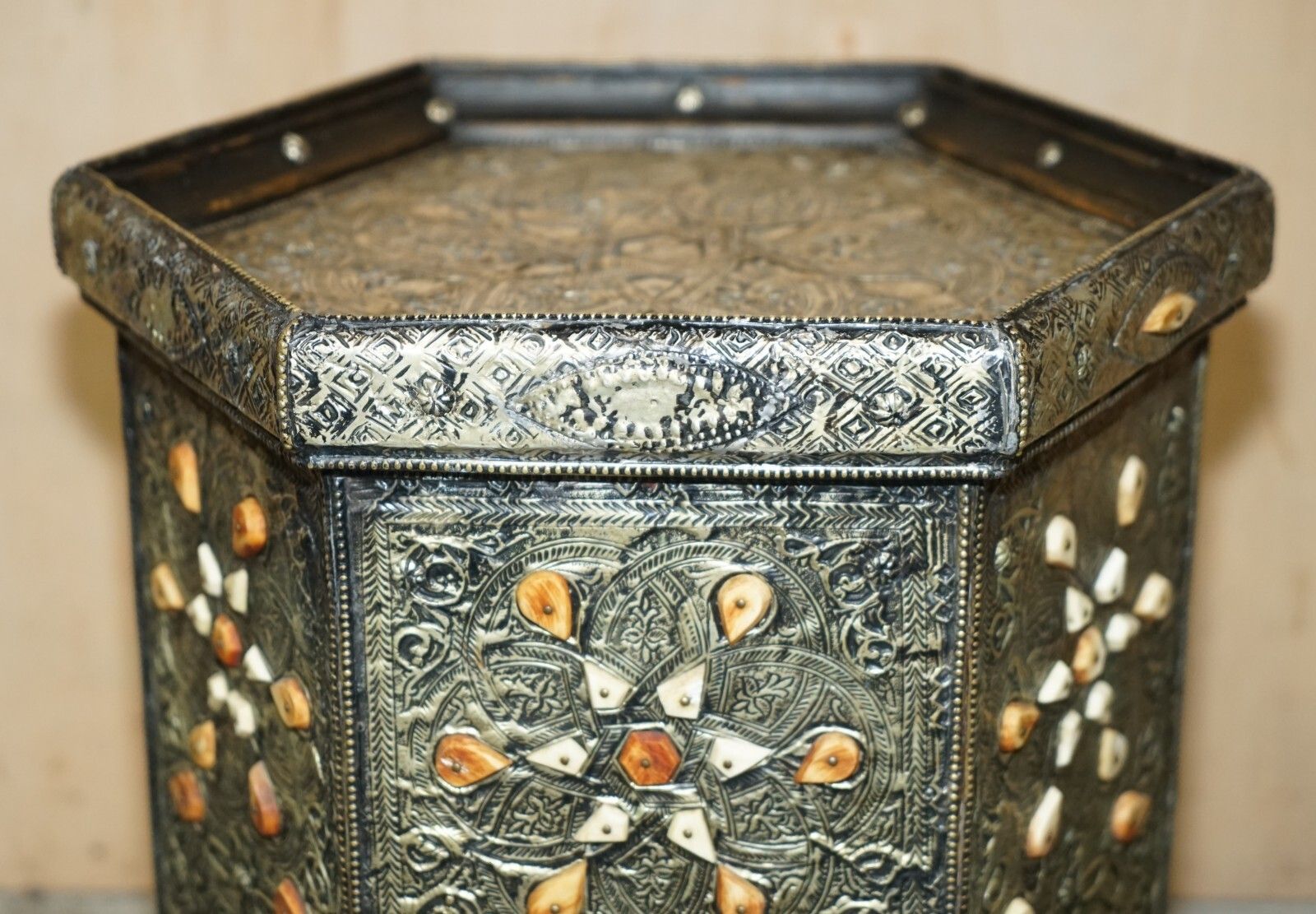 Antique Indian Repousse Pewter With Stone Inlaid Detailing Side Lamp Wine Table photo Furniture
