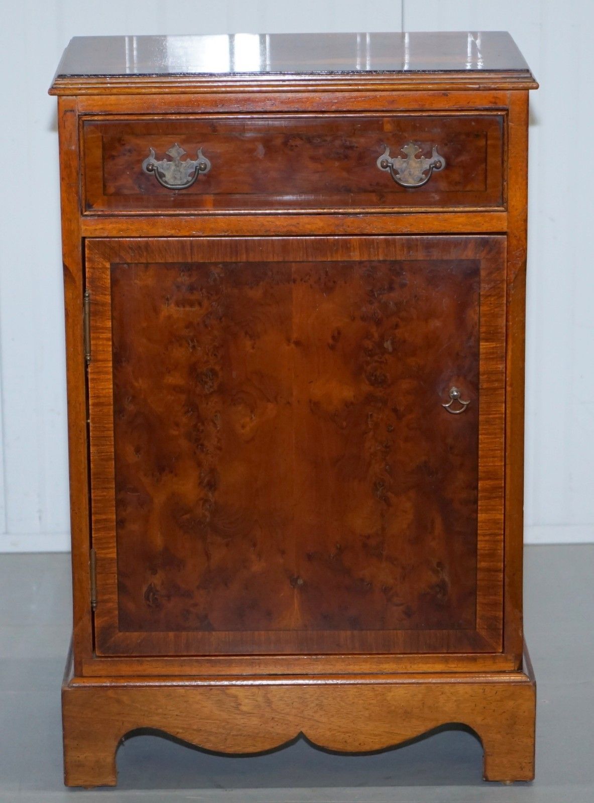 Pair Of Vintage Burr Yew Wood Lamp Side End Wine Table Cupboards With Drawers photo for sale