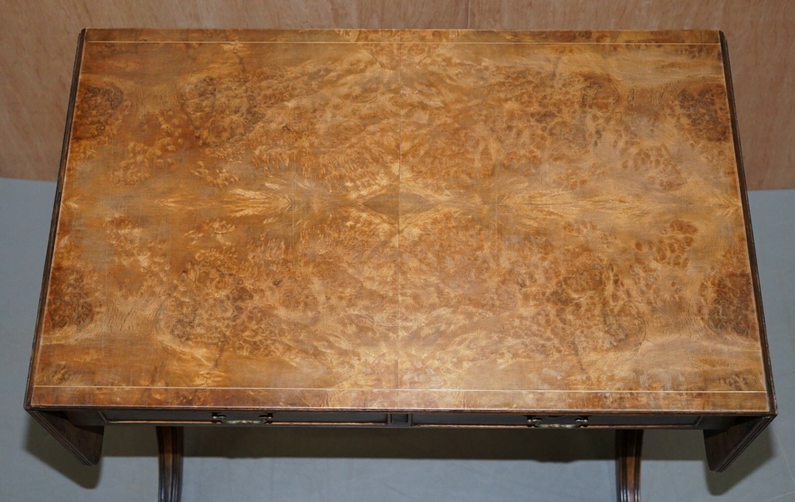Large Extending Occasional Games Table In Burr Walnut Lion Paw Castors + Drawers photo for sale