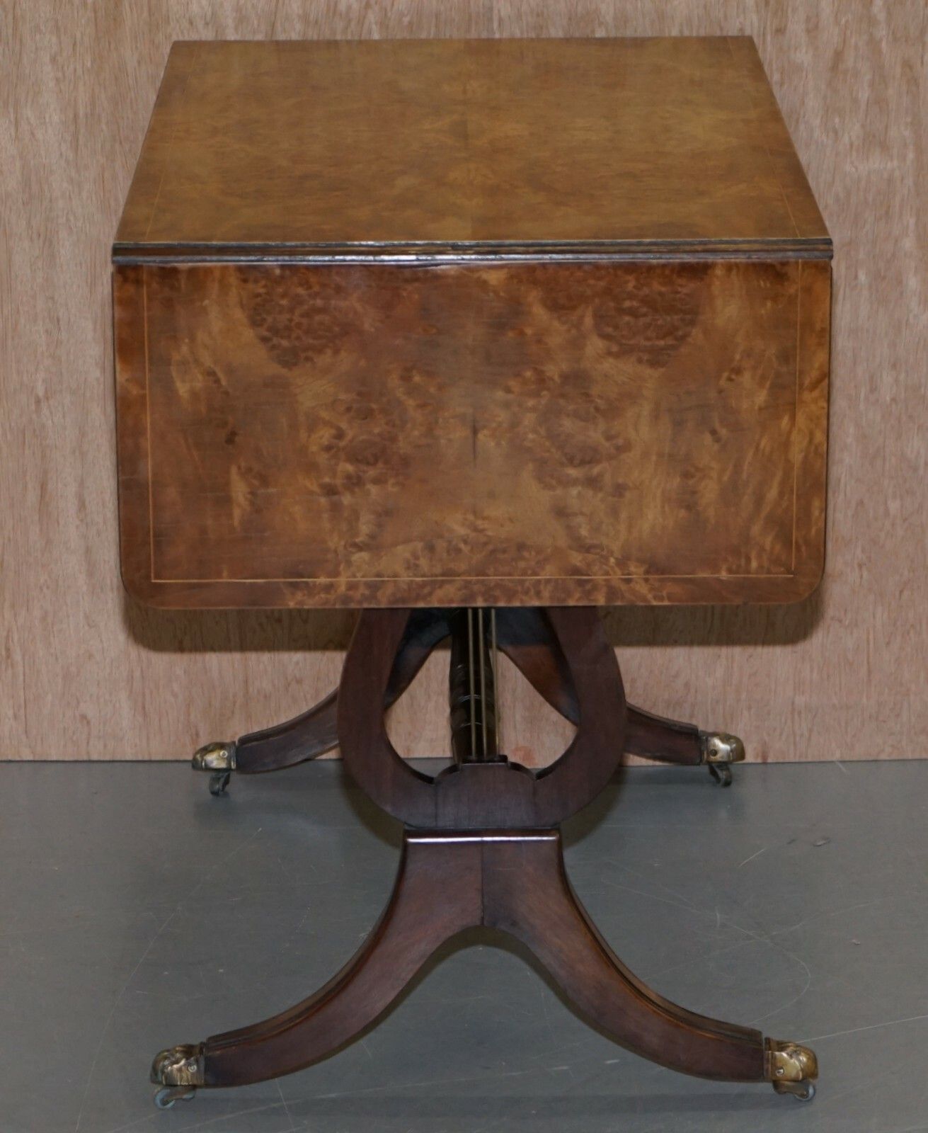 Large Extending Occasional Games Table In Burr Walnut Lion Paw Castors + Drawers photo buy