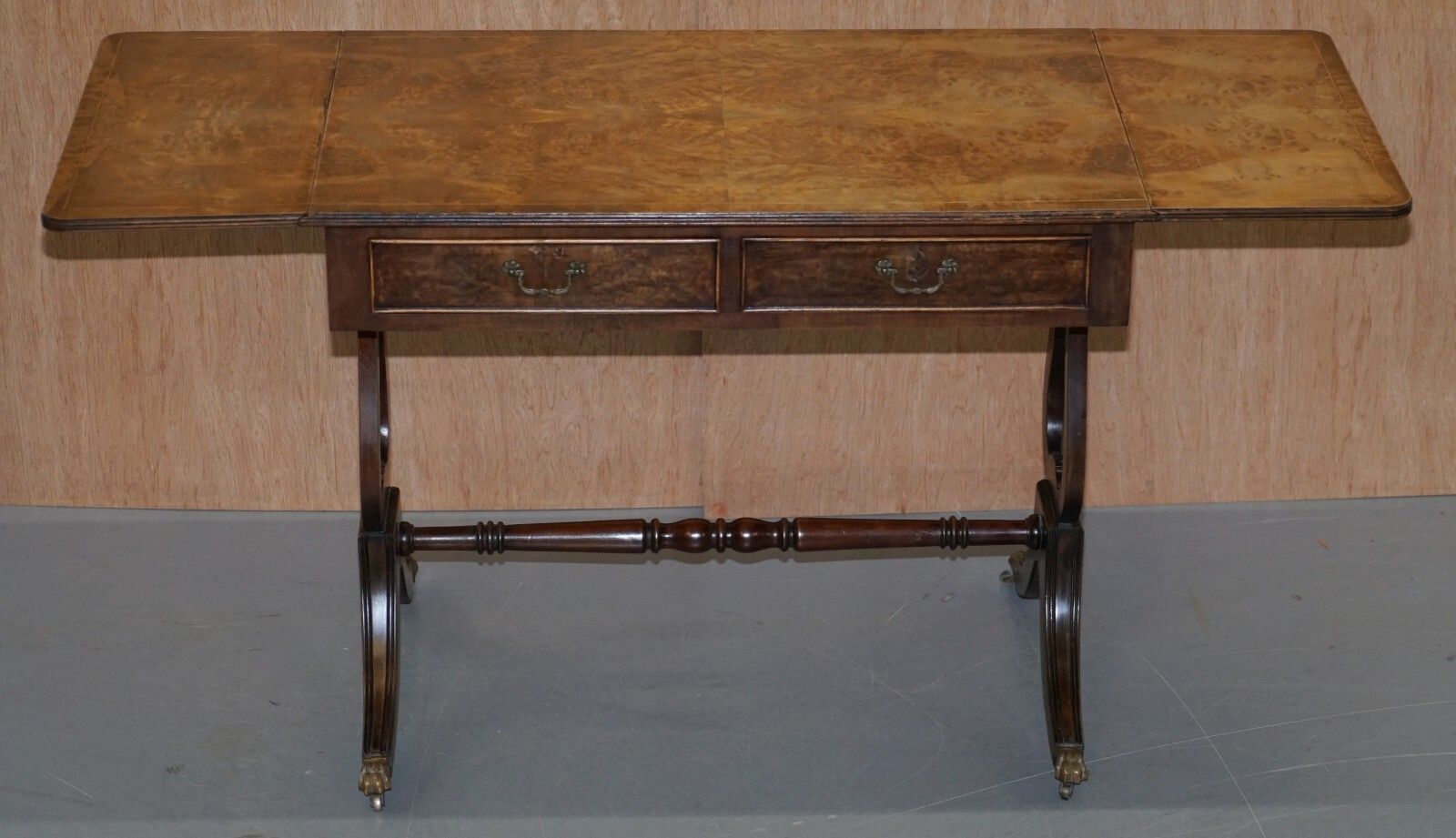 photo for sale Large Extending Occasional Games Table In Burr Walnut Lion Paw Castors + Drawers
