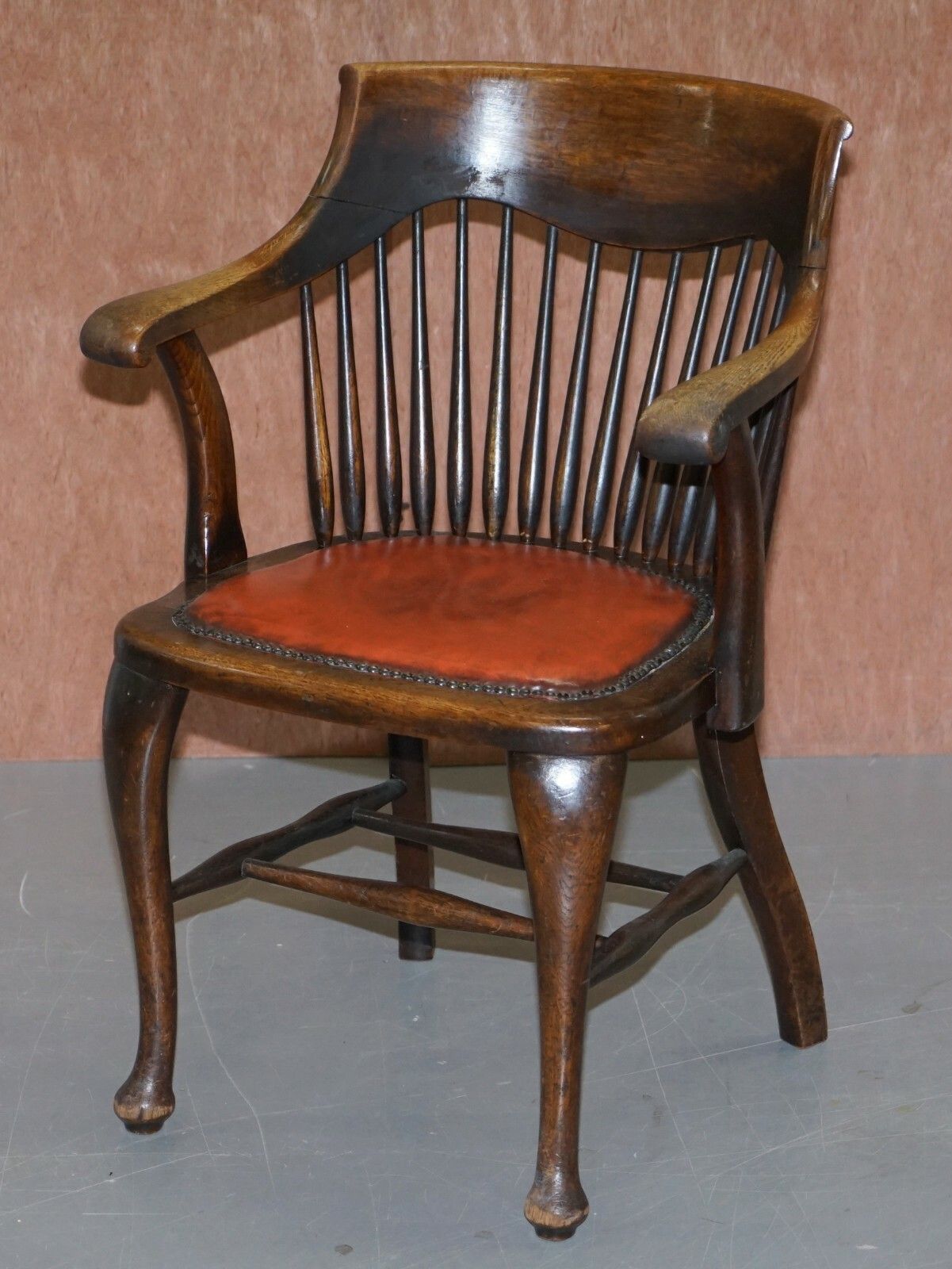 Lovely Antique English Edwardian Ralph Johnson Oak Captains Office Desk Armchair photo for sale
