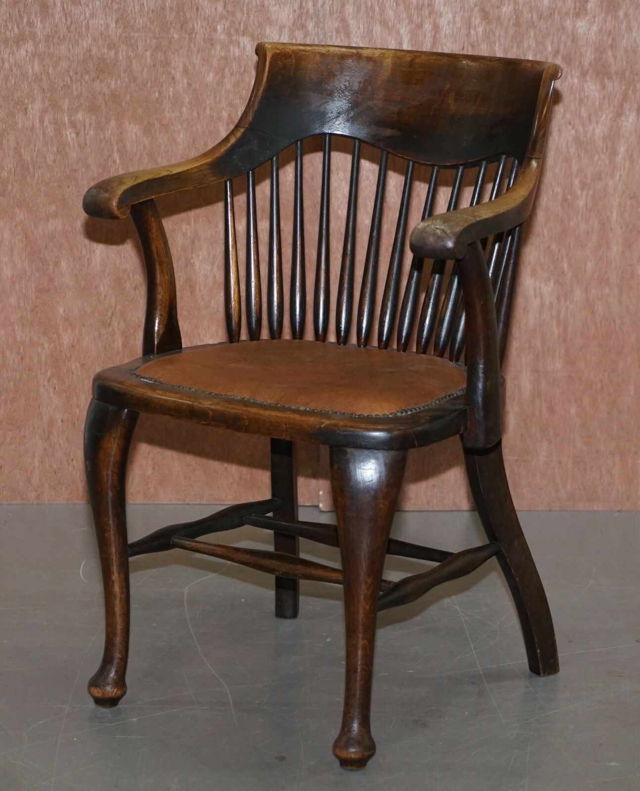 English Edwardian Ralph Johnson Oak Spindle Back Captains Office Desk Armchair photo for sale