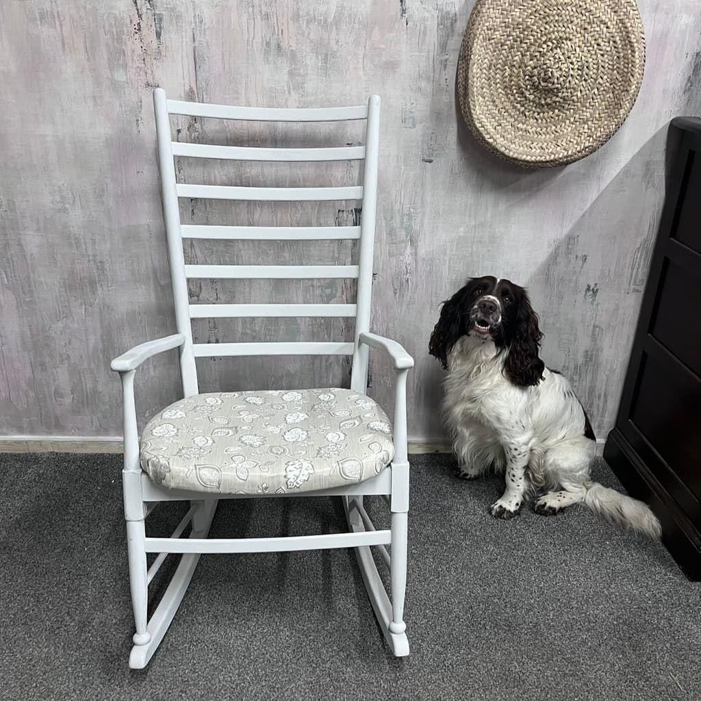 Vintage Wooden Rocking Chair Painted White Upholstered Seat Ladder Back photo for sale