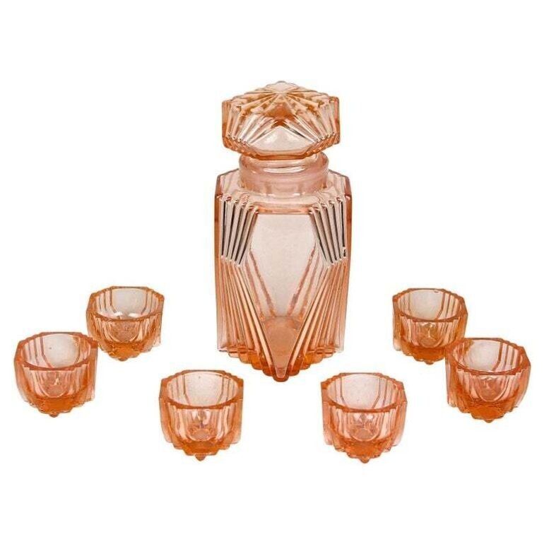 20th Century Art Deco Glass Decanter Set Of Seven, Coral Colored, At Ca. 1920