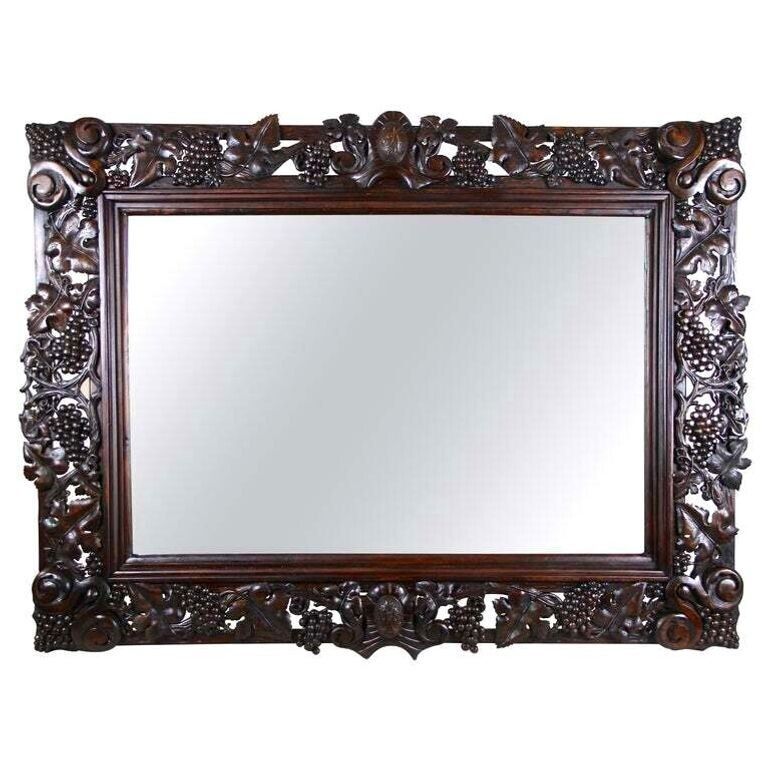 20th Century Black Forest Wall Mirror With Grapes And Leaves Hand Carved   1919