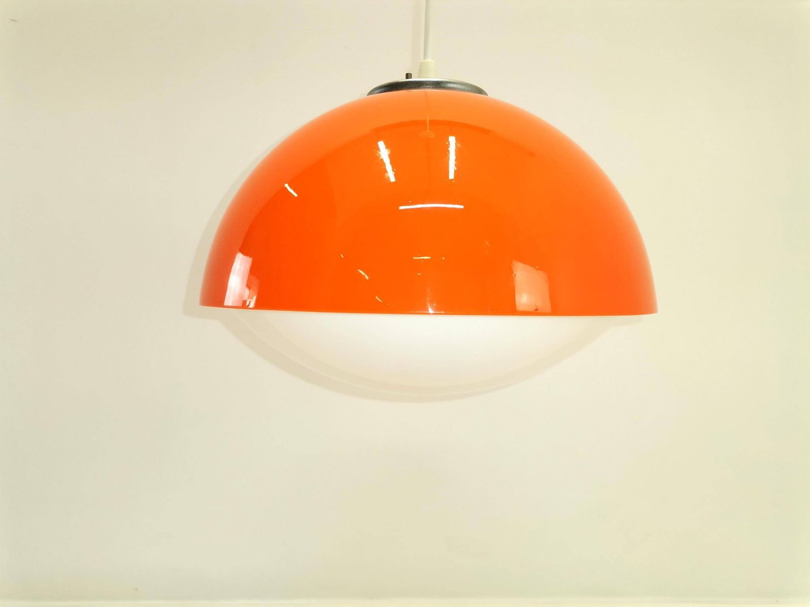 Mid Century Small Ufo Pendant Light / Orange And White Acrylic / Guzzini Italy And Meblo Yugoslavia (1 Of 2) photo furniture