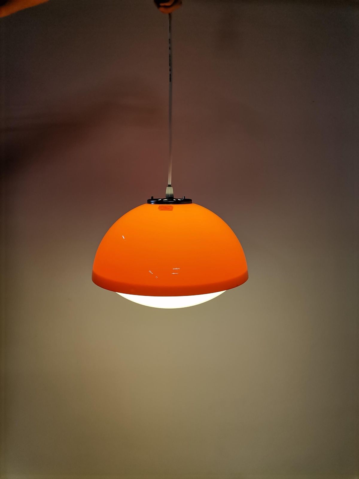 photo furniture Mid Century Small Ufo Pendant Light / Orange And White Acrylic / Guzzini Italy And Meblo Yugoslavia (1 Of 2)