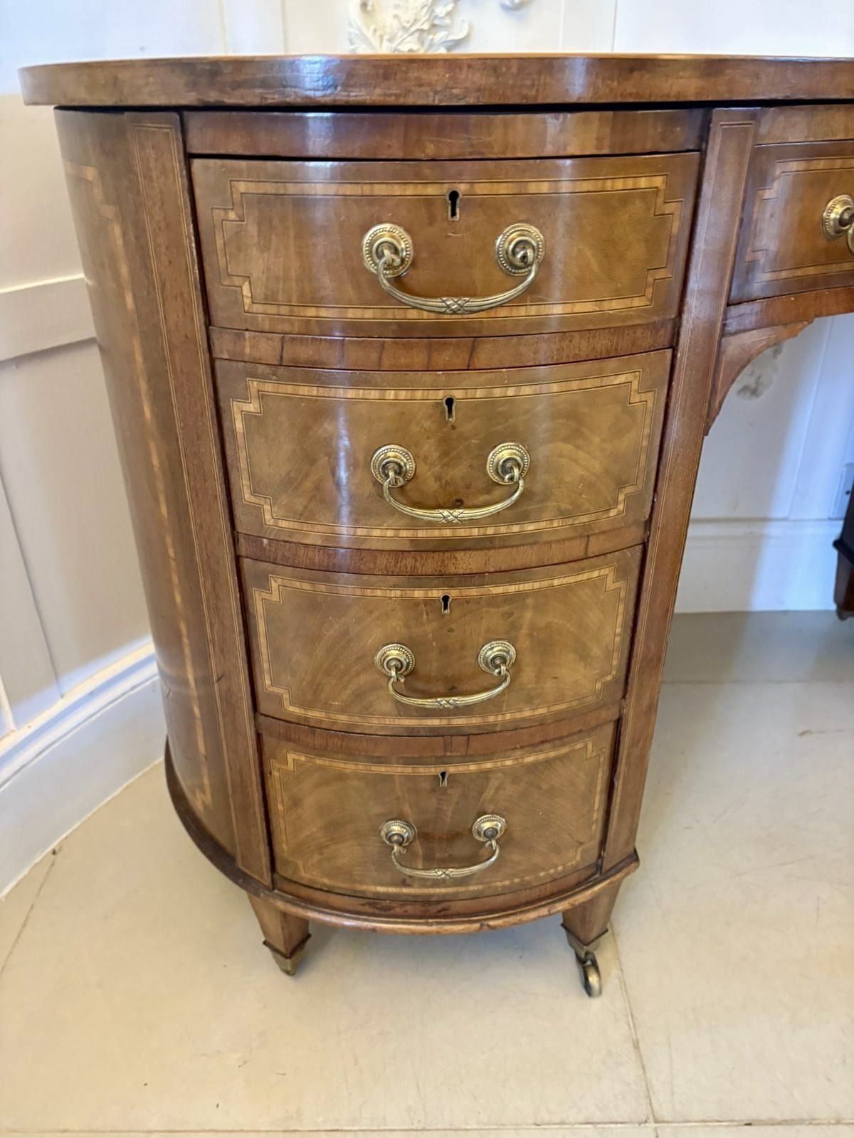 Large Antique Quality Inlaid Mahogany Freestanding Kidney Shaped Desk photo furniture