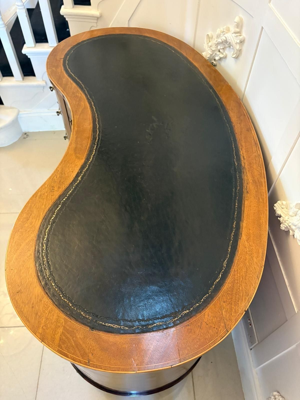 Large Antique Quality Inlaid Mahogany Freestanding Kidney Shaped Desk photo buy