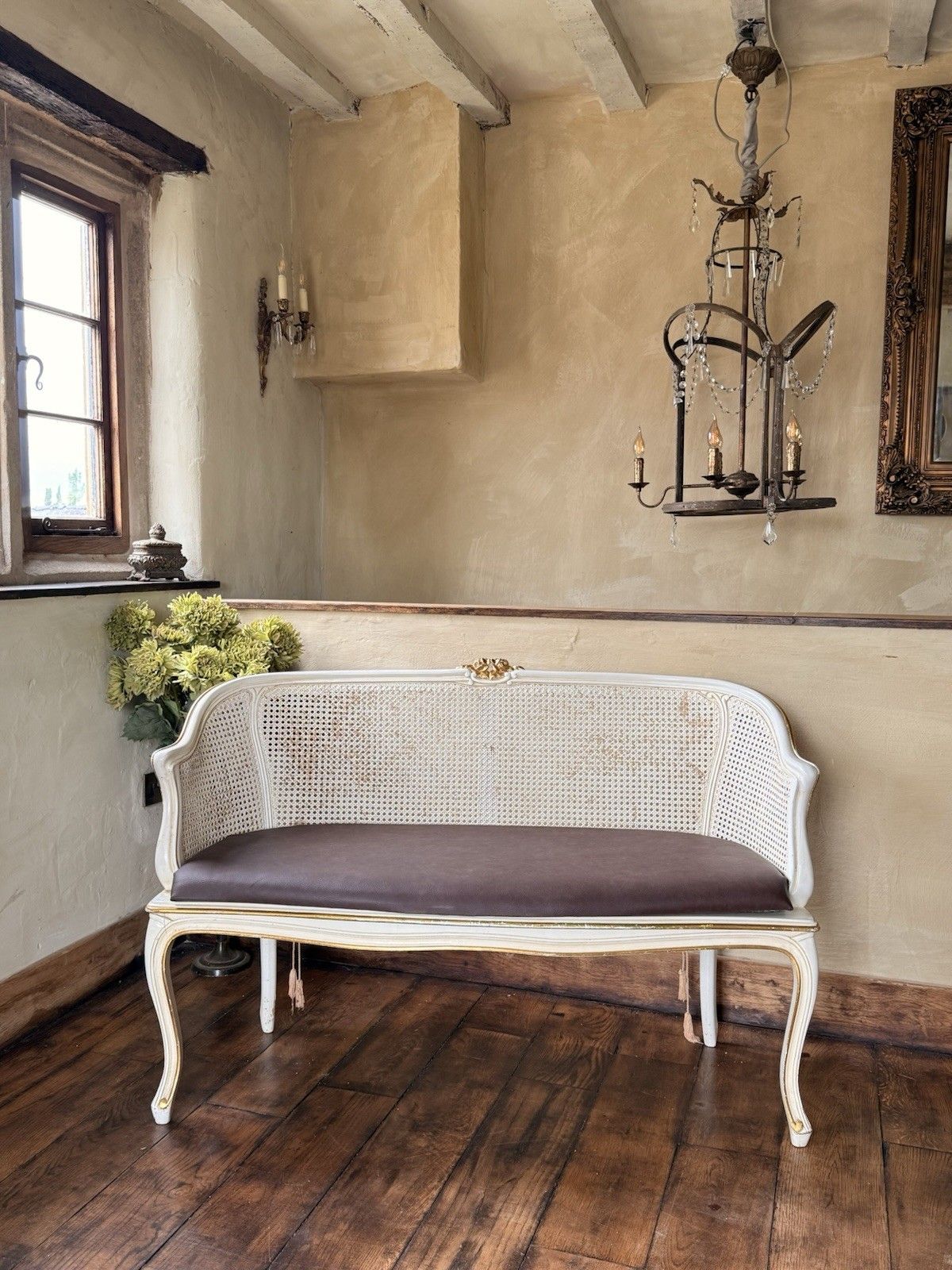 French Vintage Bergere Cane Gold White Ivory Chaise Longue Loveseat Sofa  127 Cm photo furniture