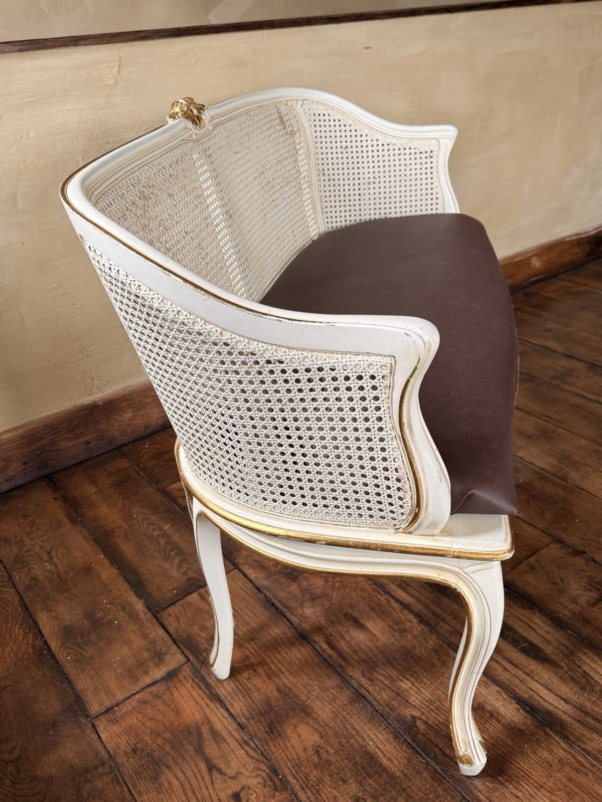 French Vintage Bergere Cane Gold White Ivory Chaise Longue Loveseat Sofa  127 Cm photo buy