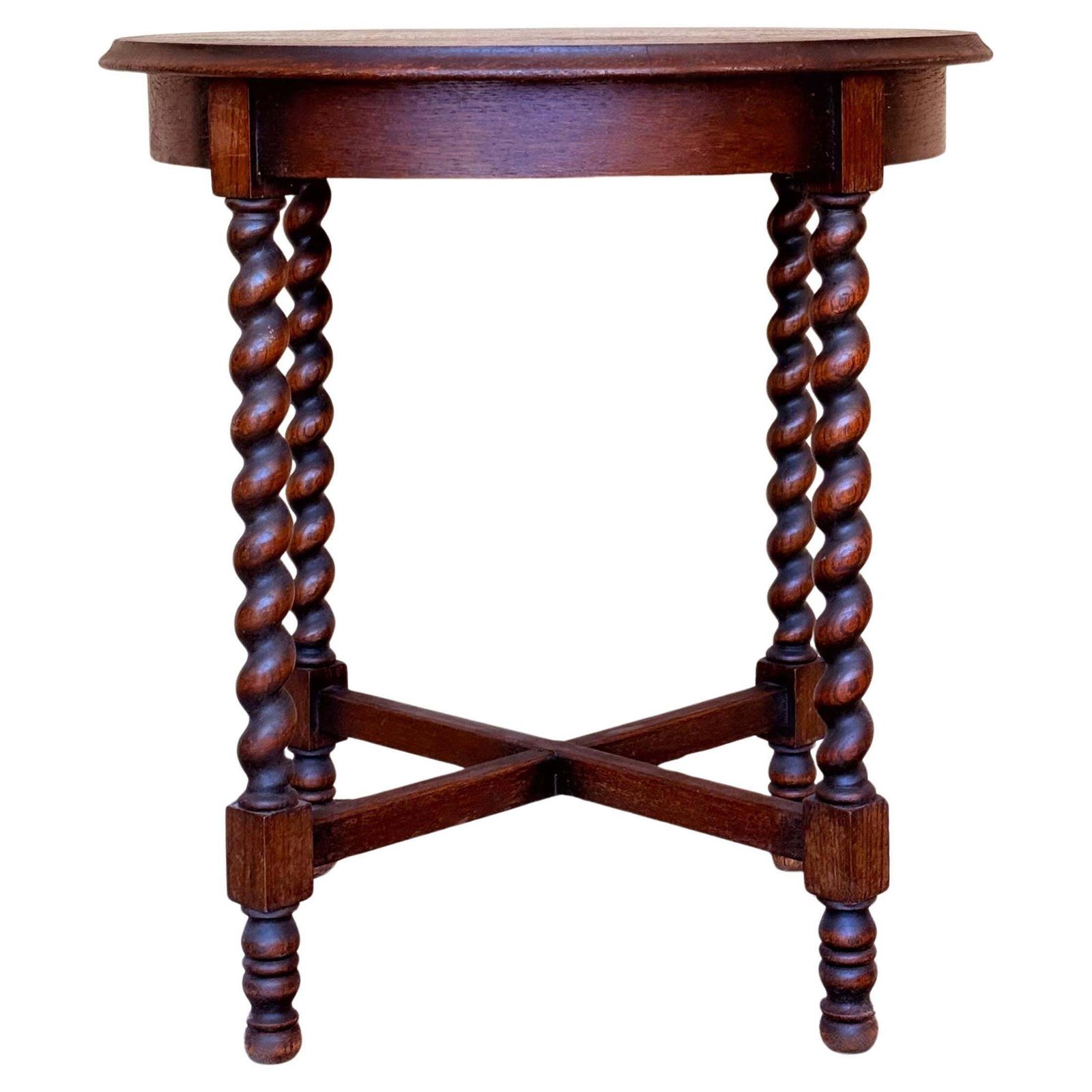 Table d'appoint espagnole en noyer, plateau rond à bords biseautés et pieds torsadés, début du XXe siècle