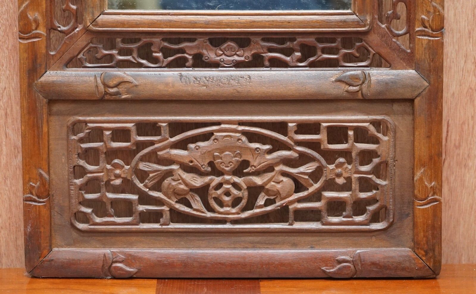 Carved Chinese Wood Mirror Panel Depicting Bats Symbol Of Happiness Good Fortune photo vinterior