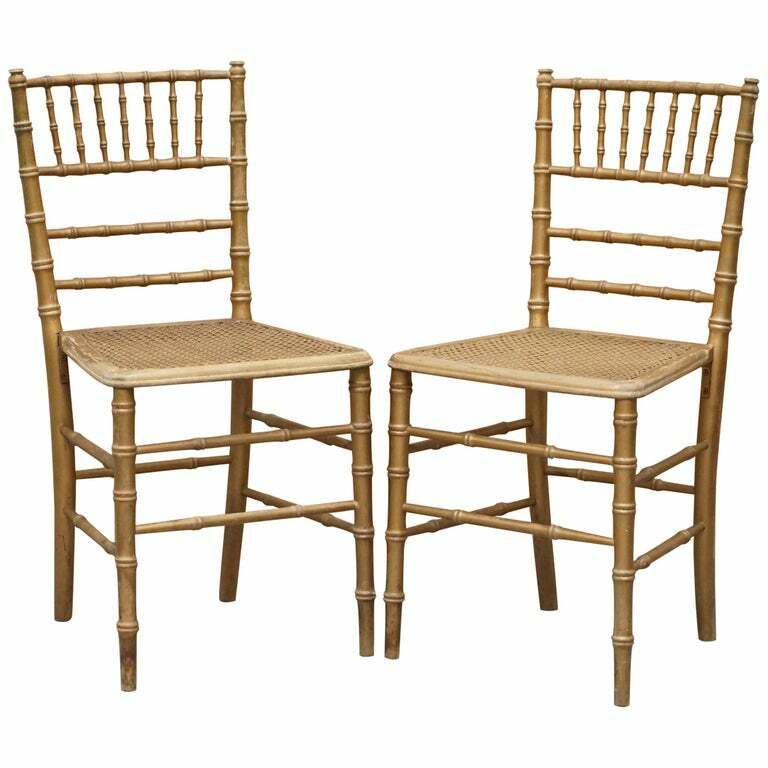 Pair Of Edwardian Giltwood Famboo Regency Style Bergere Chairs With Gold Gilding