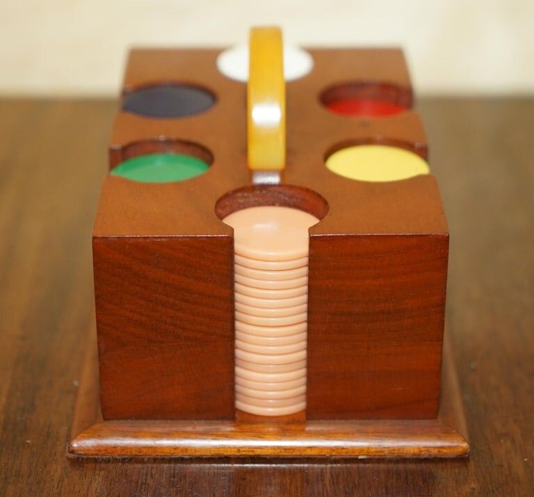 650.0 Antique Circa 1920 Art Deco Casion Chip Poker Set With Bakelite Handle Case photo